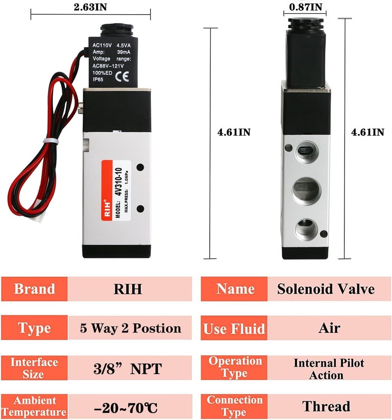 RH Pneumatics Solenoid Valve 4V310-10 12V/24V/110V Series Single Coil Pilot-Operated Electric 2 Position 5 Way Connection Type (AC110V/Out of line, 3/8"NPT) - Image 2